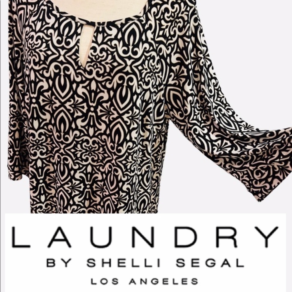 Laundry Shelli Segal Dress Black &White keyhole neck Scroll Pattern Black Lining